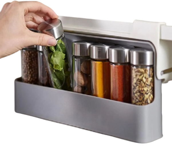 Organizador de especias retráctil instalado bajo gabinete de cocina
